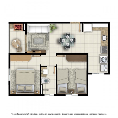 Planta Tipo C - 2 quartos - 52 m² - Residencial Campo Alegre