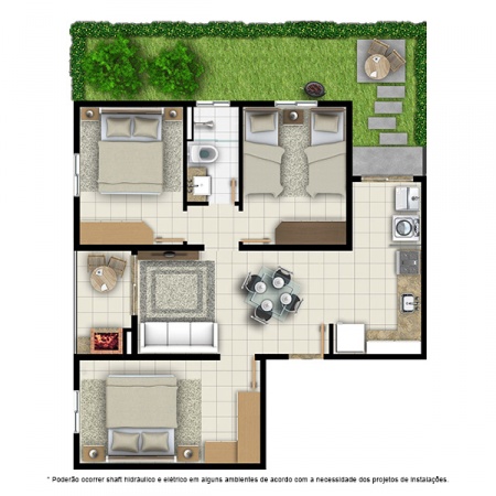 Planta Tipo B - 3 quartos - 64 m² - com jardim privativo - Residencial Campo Alegre