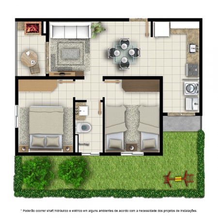 Planta Tipo A - 2 quartos - 52 m² - com jardim privativo - Residencial Campo Alegre