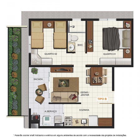 Planta Tipo B - com Garden - 46,81 m² - London Residencial