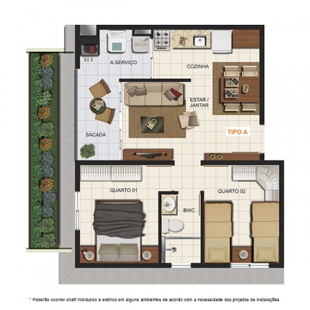 Planta Tipo A - com Garden - 44,75 m² - London Residencial