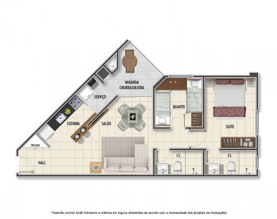 Planta Tipo B - 2 quartos - 60 m² - Mar Grosso Residencial Clube