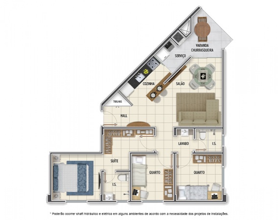 Planta Tipo C - 3 quartos - 72 m² - Mar Grosso Residencial Clube