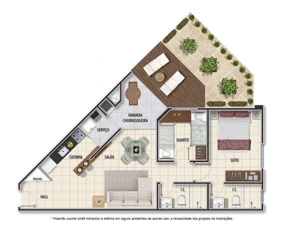 Planta Tipo A - 2 quartos - 72m² - com jardim privativo - Mar Grosso Residencial Clube