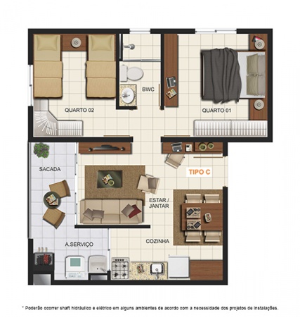 Planta Tipo C - 46 m² - Residencial Água do Engenho