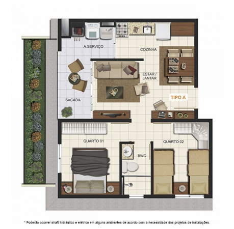 Planta Tipo A - 45 m² - Residencial Recanto dos Pássaros