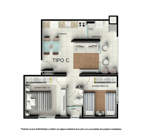 Planta Tipo C - 46,68 m² - Residencial Tordesilhas 2