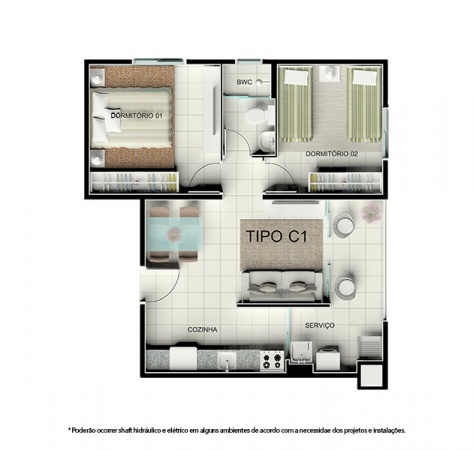 Planta Tipo C1 - 46,68 m² - Residencial Tordesilhas 2