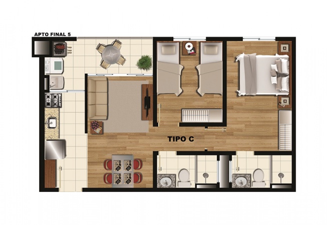 Planta Tipo C - 52 m² - Condominio Residencial Arboretto