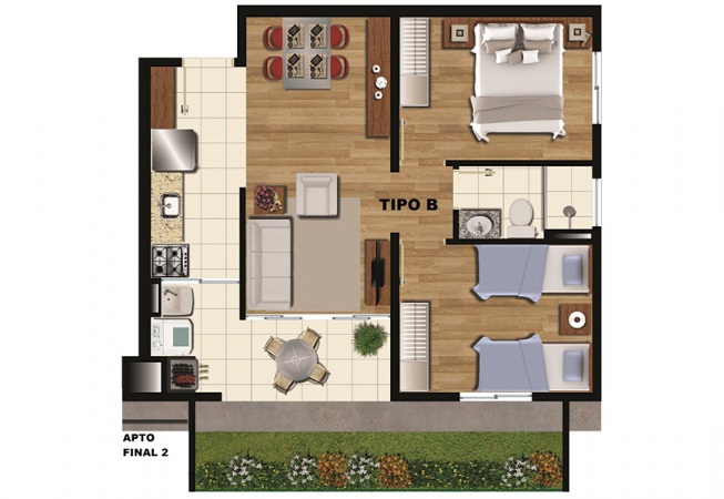 Planta Tipo B - 47 m² - Condominio Residencial Arboretto