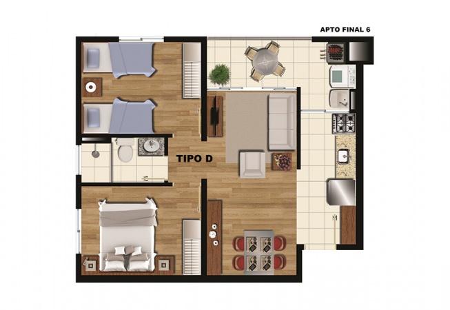 Planta Tipo D - 47 m² - Condominio Residencial Arboretto