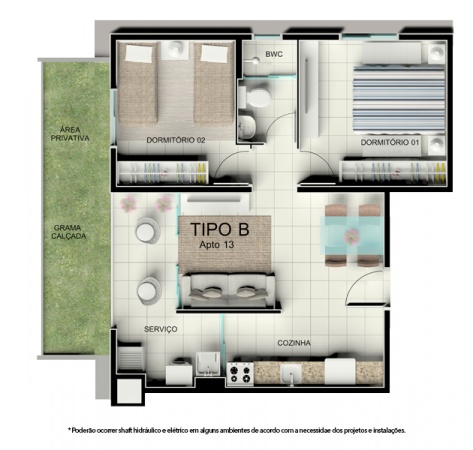 Planta Tipo B - 46,68 m² - Térreo com garden - Residencial Tordesilhas 2