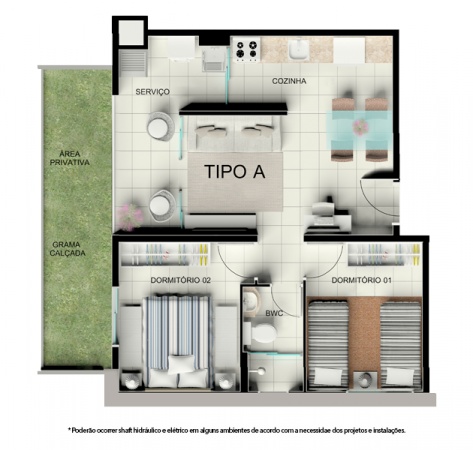 Planta Tipo A - 44,61 m² - Térreo com garden - Residencial Tordesilhas 2